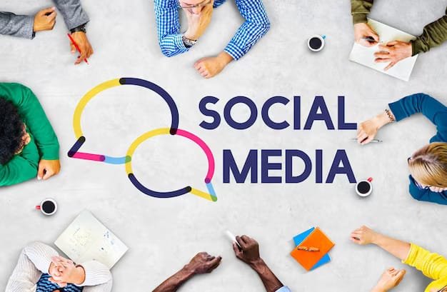 Diverse team collaborating around social media speech bubble icon representing digital communication and engagement strategy