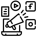 Digital marketing icons showing social media, video, email, and analytics tools for online marketing strategy