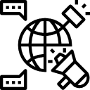 Global network connection icon with satellite dishes and communication nodes representing international digital marketing services