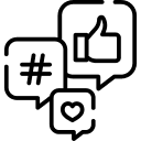 Social media marketing icons showing hashtag, thumbs up, and heart symbols representing digital engagement