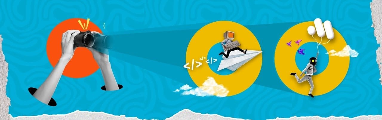 Digital marketing services illustration showing photography, web development, and rocket launch icons representing creative agency solutions