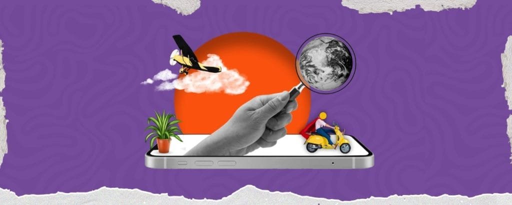 Collage showing smartphone with hand holding magnifying glass examining Earth, airplane, scooter, and plant symbolizing digital marketing services