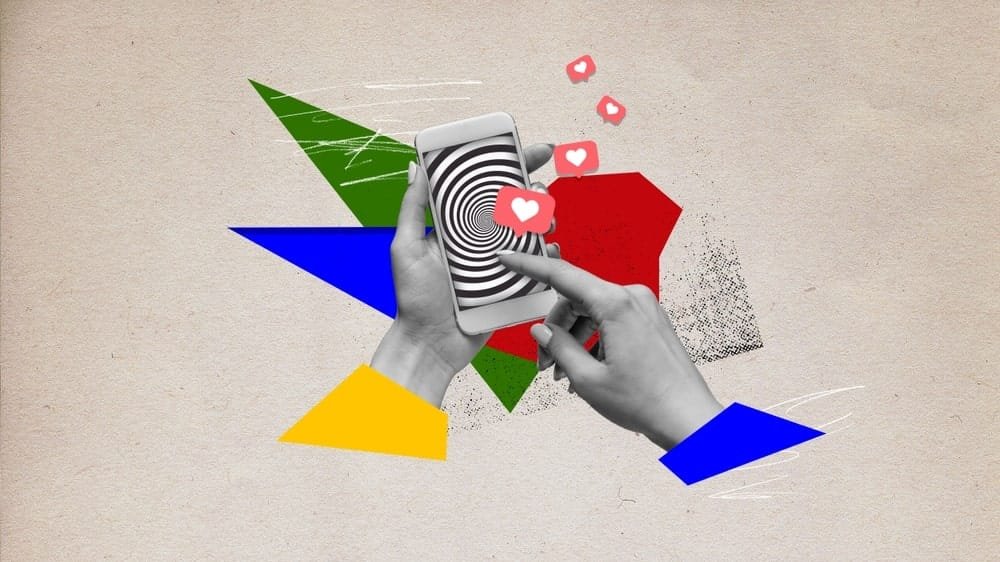 Hand holding smartphone with hypnotic spiral displaying social media hearts and colorful geometric shapes representing digital engagement