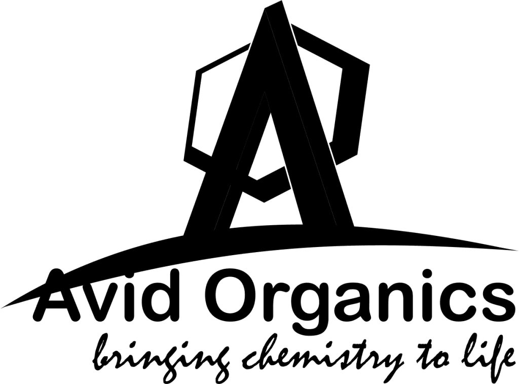 Avid Organics logo featuring geometric triangle design with tagline 'bringing chemistry to life'