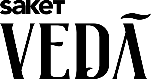 Saket Veda vodka brand logo in black serif typography with decorative flourish