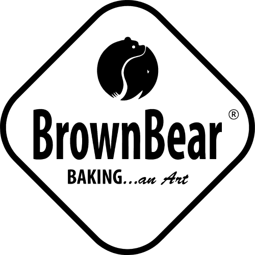 Brown Bear Baking logo - diamond-shaped badge with bear icon and 'Baking...an Art' tagline