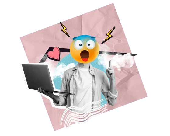 Shocked person with laptop experiencing digital marketing overwhelm with heart and lightning bolt icons