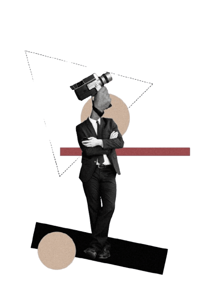 Professional businessman holding film camera with geometric shapes representing digital marketing strategy and vision