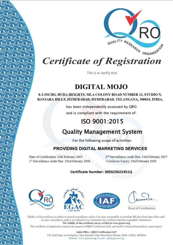 ISO 9001:2015 Quality Management System Certificate for Digital Mojo digital marketing agency in Hyderabad, India