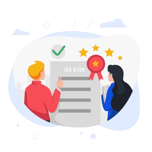 ISO 9100 certification badge with stars and checkmark representing quality standards and business excellence