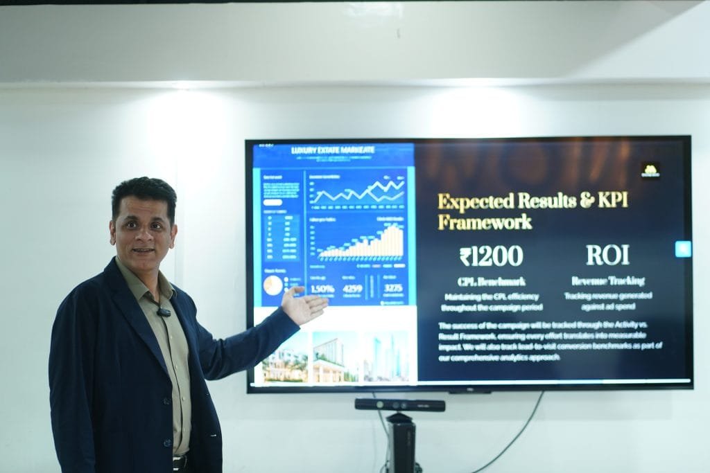 Digital marketing professional presenting luxury estate KPI framework and expected results on display screen