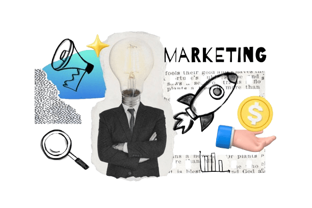 Digital marketing strategy illustration with lightbulb head, megaphone, rocket, magnifying glass, and dollar coin symbols
