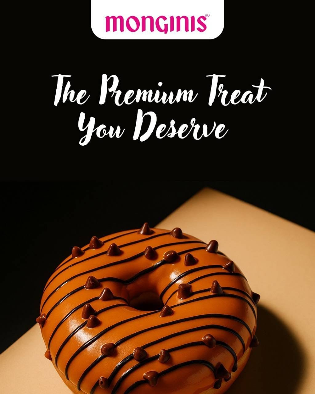 Monginis premium chocolate glazed donut with drizzle and sprinkles on beige background