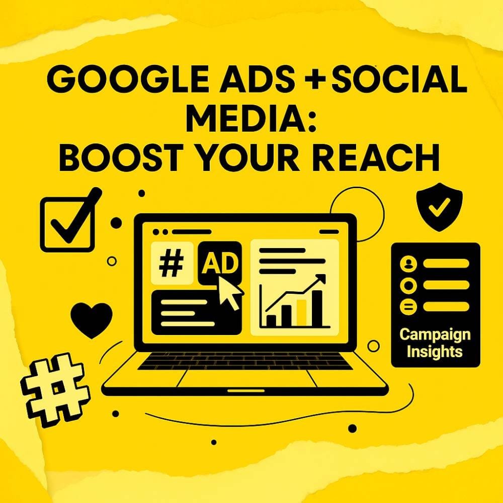 Google Ads and social media marketing strategy illustration showing laptop with ad analytics and campaign insights dashboard
