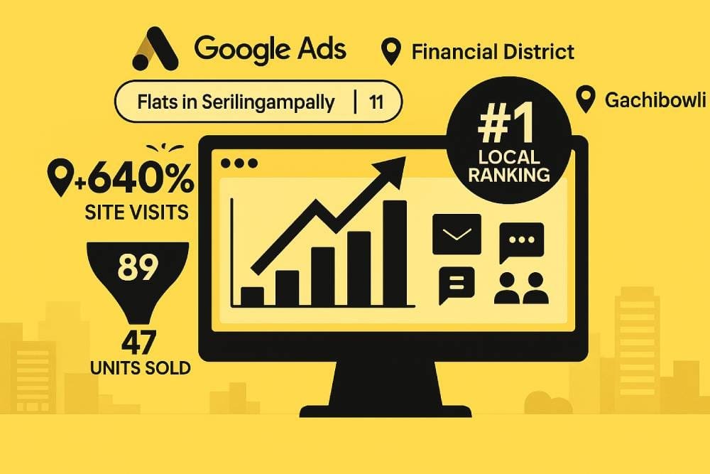 Google Ads campaign results showing 640% site visits increase and 47 units sold for Serlingampally flats