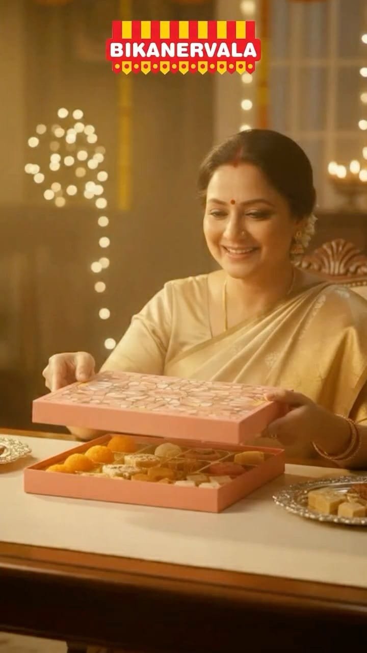 Woman in saree opening Bikanervala sweets box during Diwali celebration with festive lights