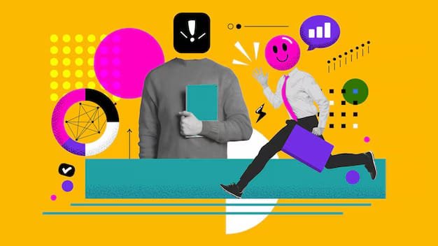 Digital marketing professionals collaborating with analytics charts and communication tools on yellow background