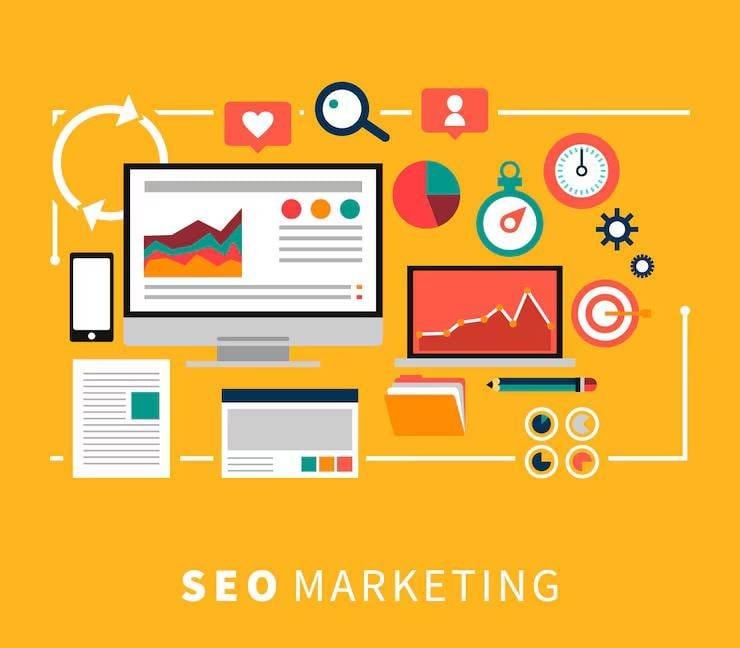 SEO marketing infographic showing analytics, charts, and digital marketing tools on yellow background