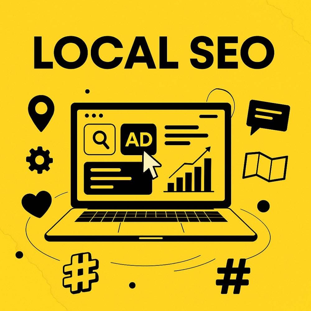 Local SEO concept illustration showing laptop with search, ads, analytics icons and location pin on yellow background
