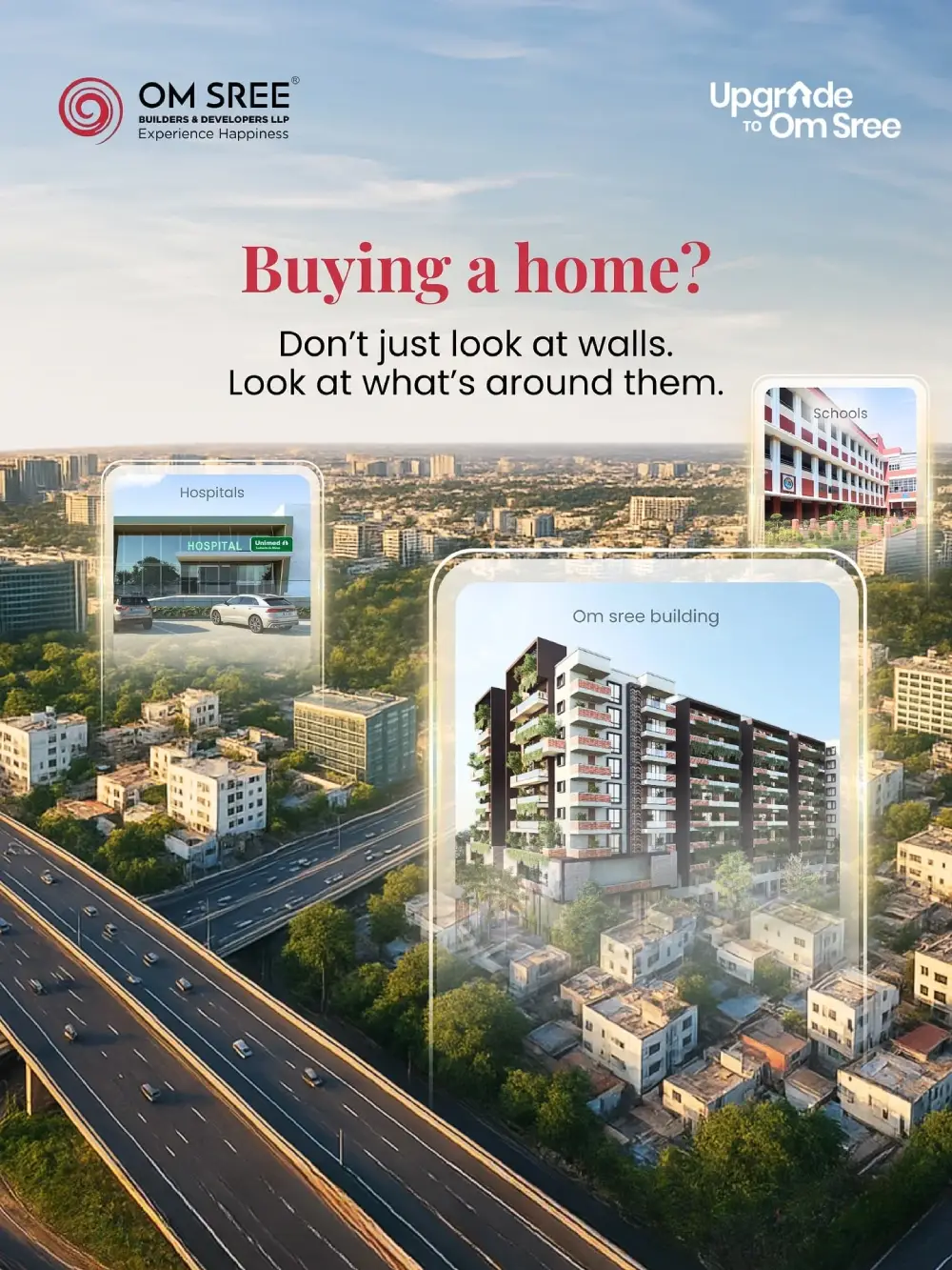 Om Sree luxury residential building with hospitals and schools nearby, aerial cityscape view
