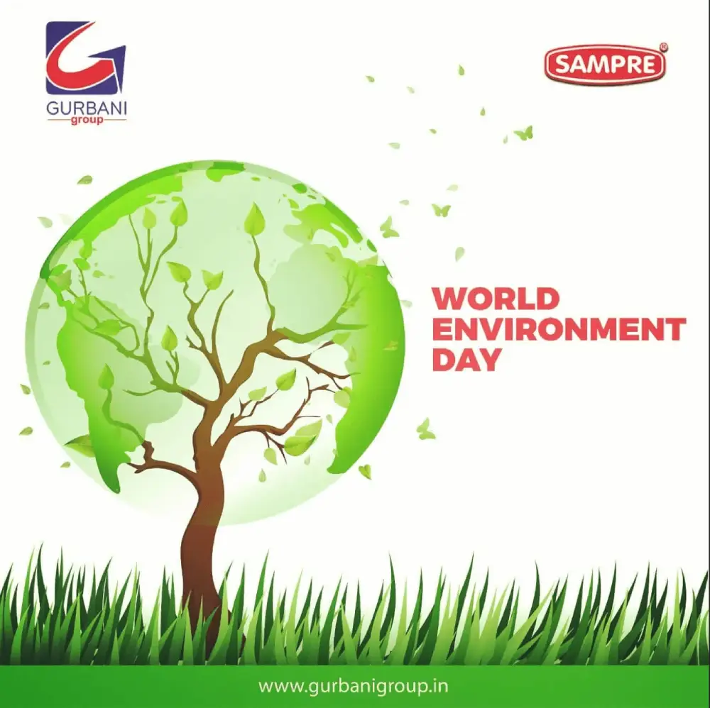 World Environment Day poster by Gurbani Group and Sampre featuring a green tree globe with flying leaves and grass