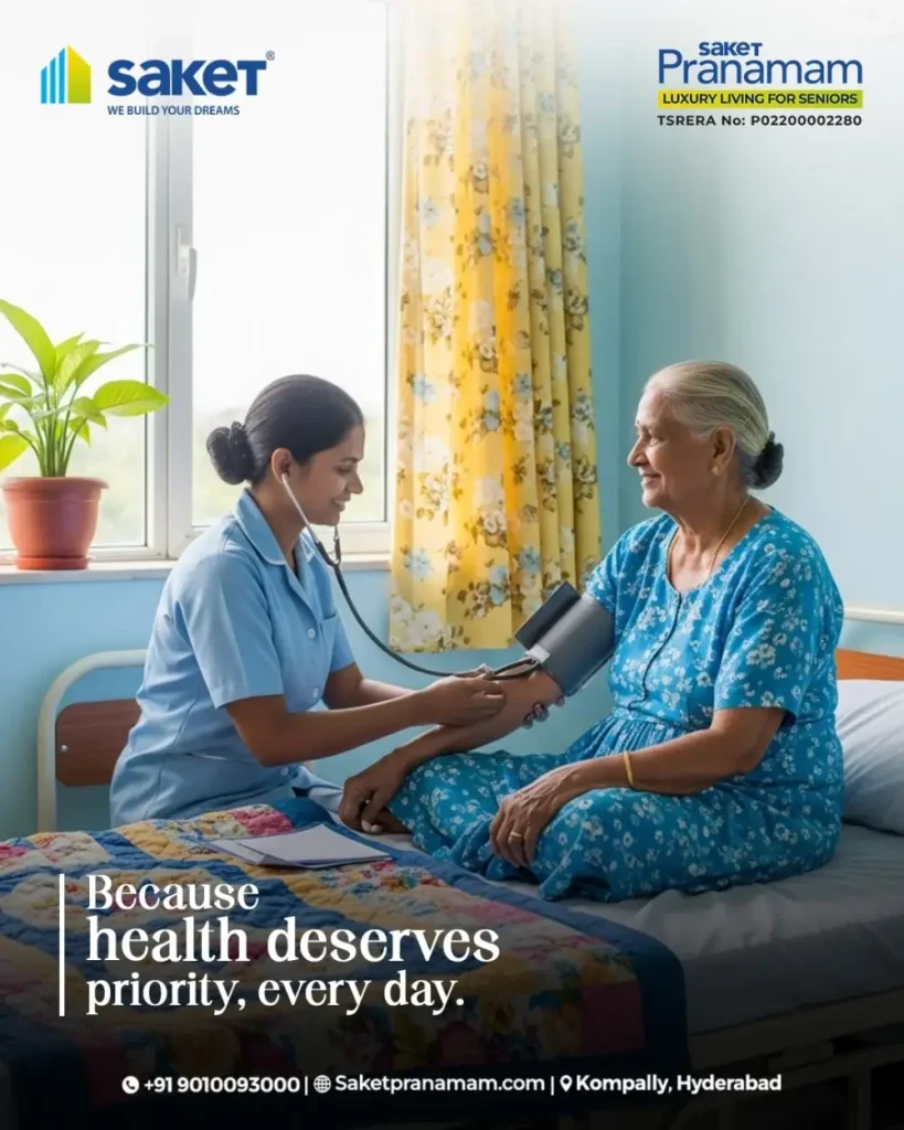 Healthcare professional checking blood pressure of senior woman in luxury assisted living facility