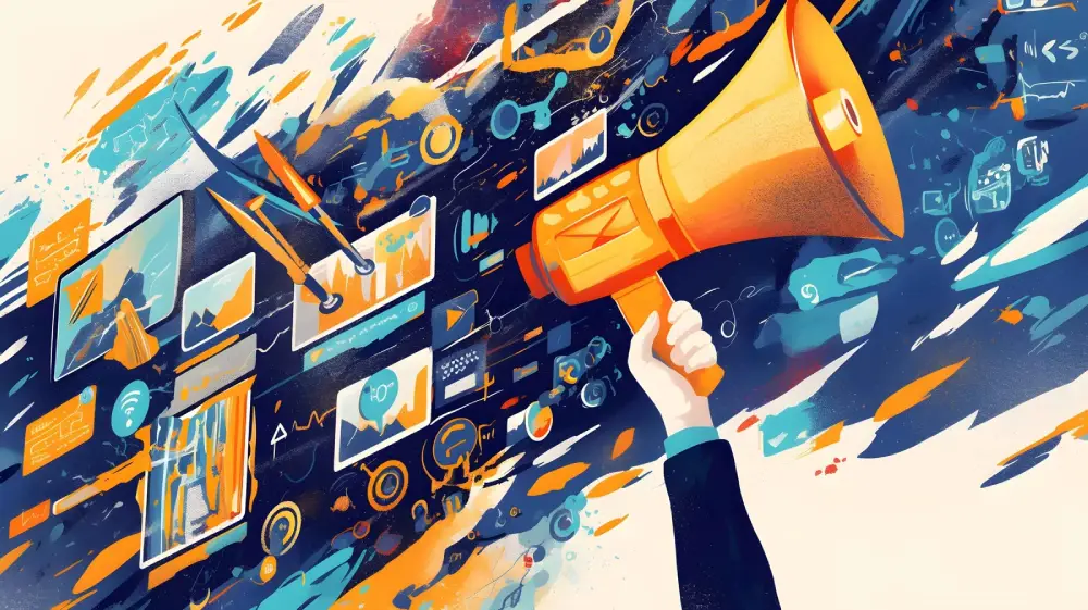 Digital marketing illustration showing megaphone amplifying digital content and analytics icons representing online advertising strategy