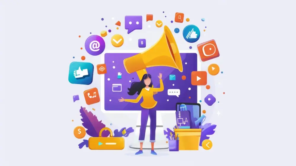Digital marketing illustration showing woman with megaphone surrounded by social media, email, and communication icons