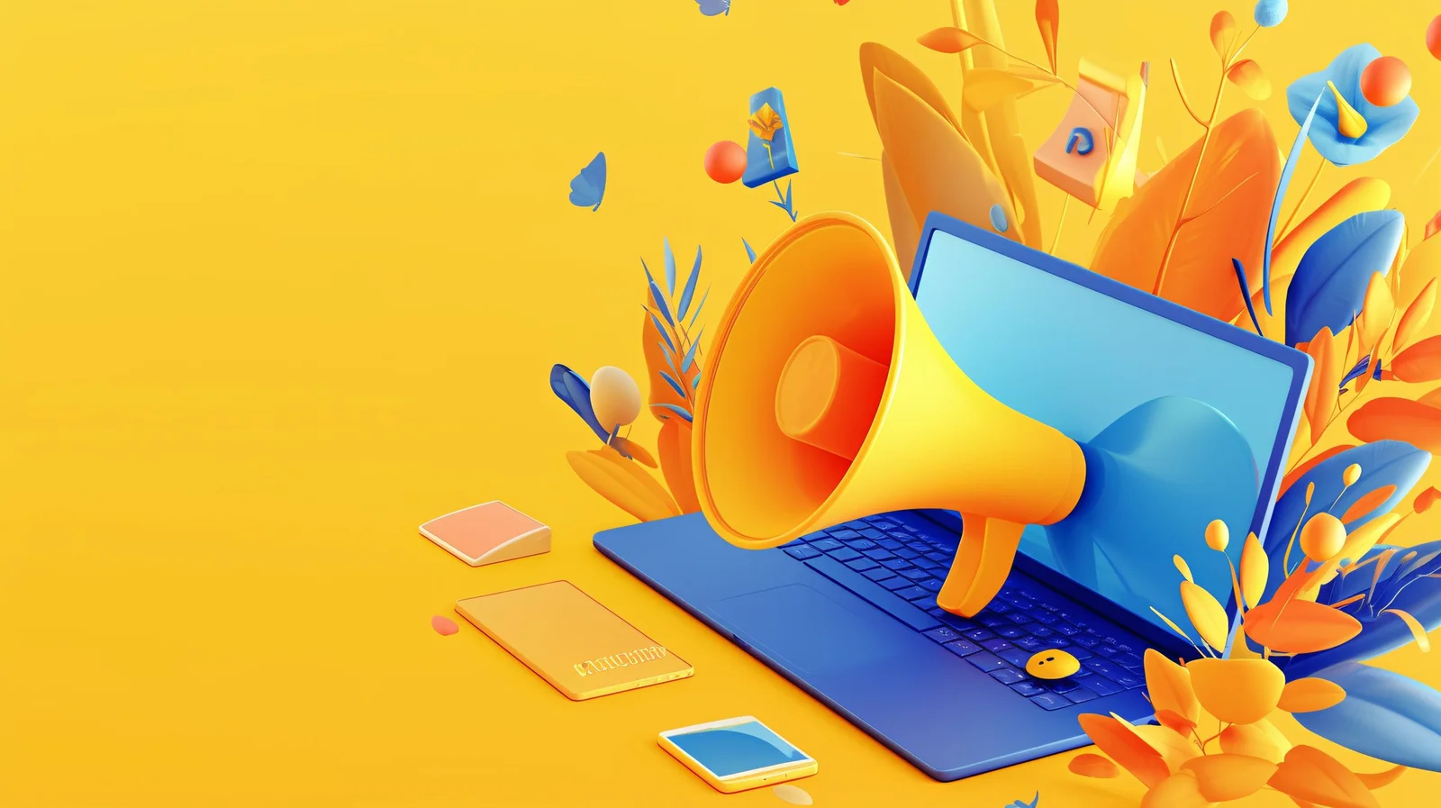 Digital marketing illustration with megaphone, laptop, and mobile devices on yellow background