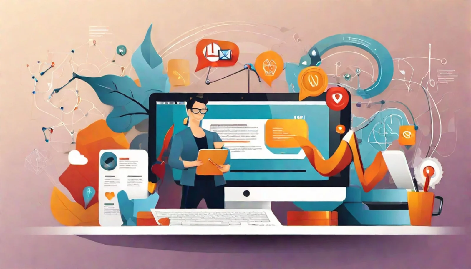 Digital marketing professional with tablet managing online campaigns, analytics, and content strategy with icons