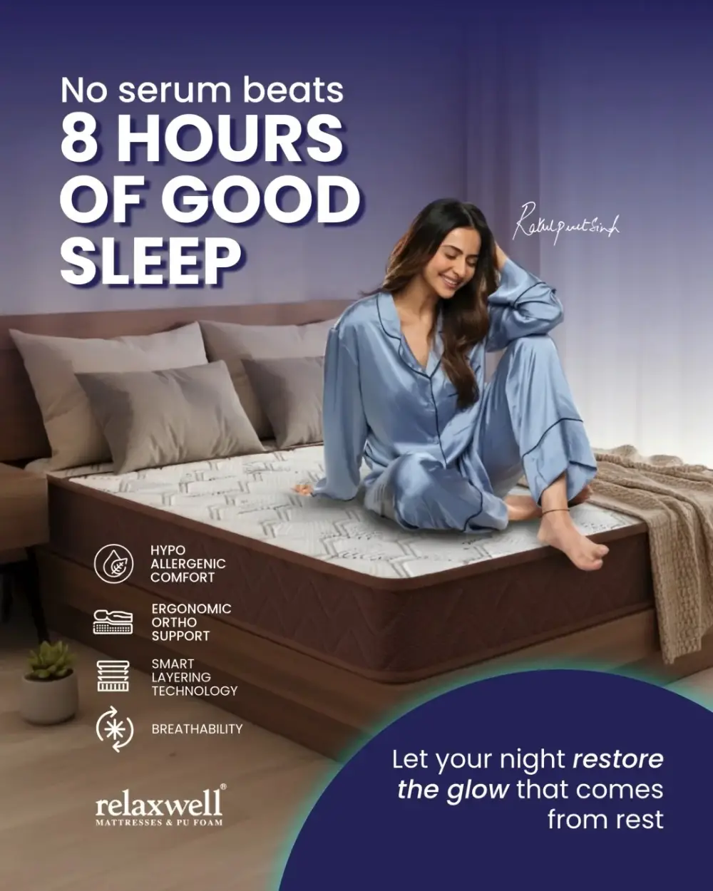 Woman on Relaxwell mattress with hypoallergenic comfort, ergonomic ortho support and smart layering technology for 8 hours quality sleep