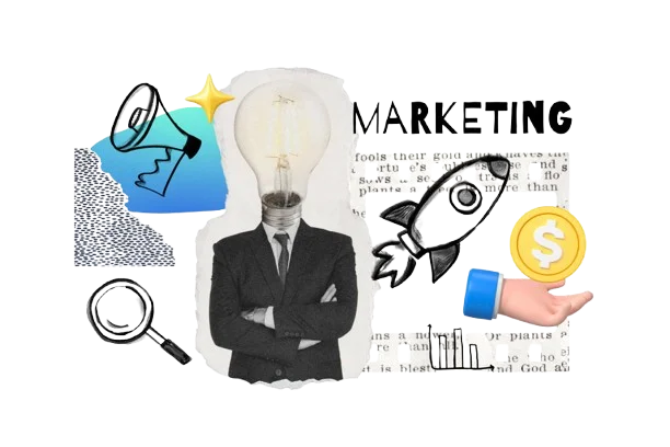 Digital marketing concept with lightbulb head, megaphone, rocket, search icon, dollar coin, and bar chart representing creative strategy and growth