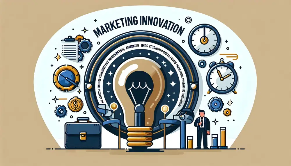 Marketing innovation concept with lightbulb, gears, clocks, and business icons representing creative digital marketing strategies