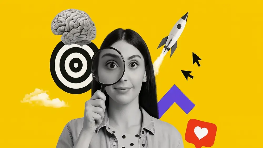 Woman with magnifying glass examining target and brain icons symbolizing digital marketing strategy and analysis