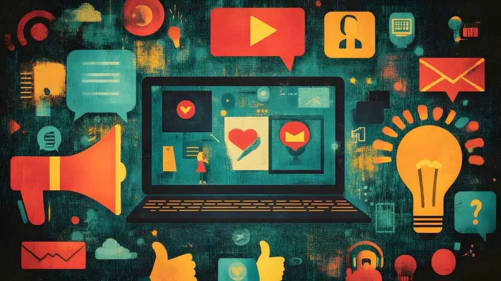 Digital marketing strategy illustration with laptop, megaphone, lightbulb, hearts, and social media icons representing online engagement