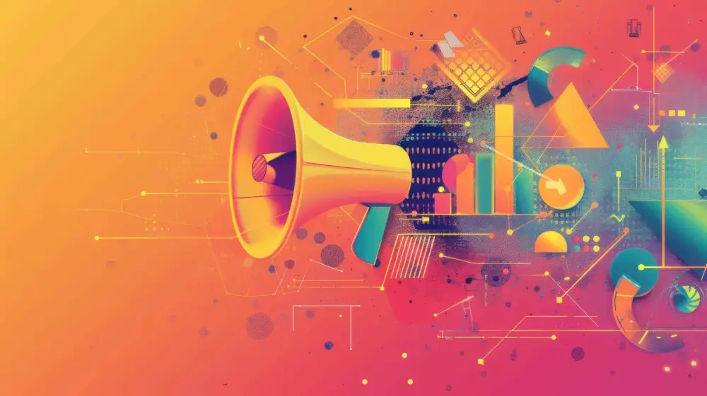 Colorful digital marketing illustration with megaphone, analytics charts, and technology icons on vibrant gradient background