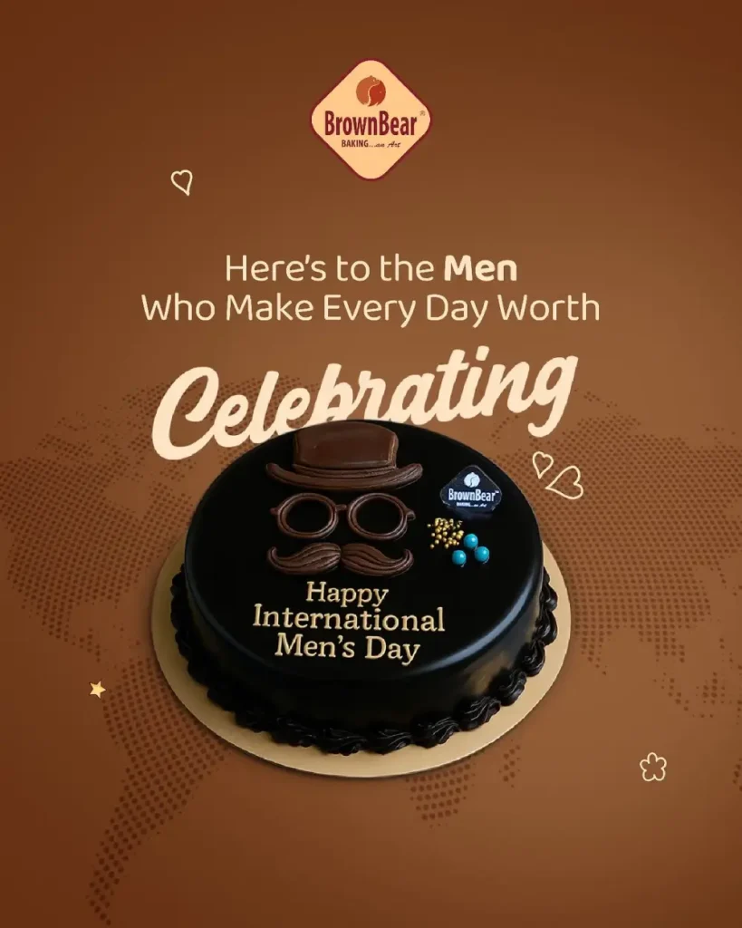 BrownBear Baking International Men's Day chocolate cake with mustache design and celebration message
