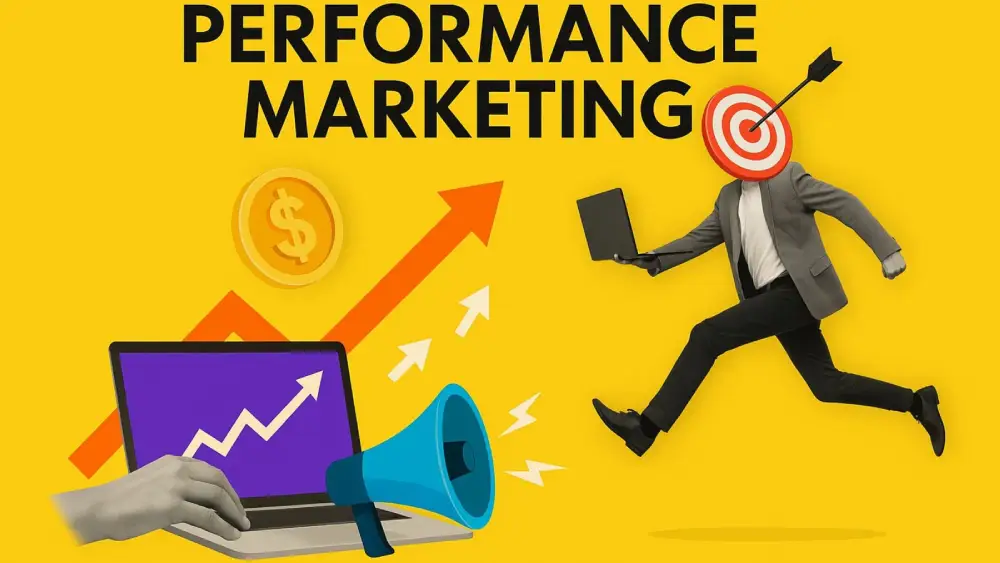 Performance marketing illustration showing growth charts, dollar coins, target, and businessman with laptop
