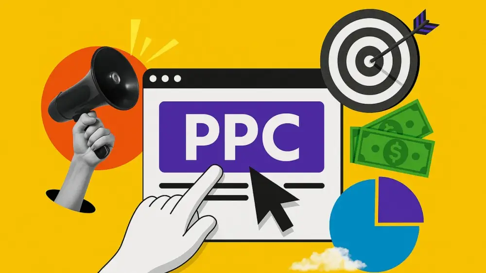 PPC advertising concept with megaphone, target, cursor, money and analytics chart on yellow background