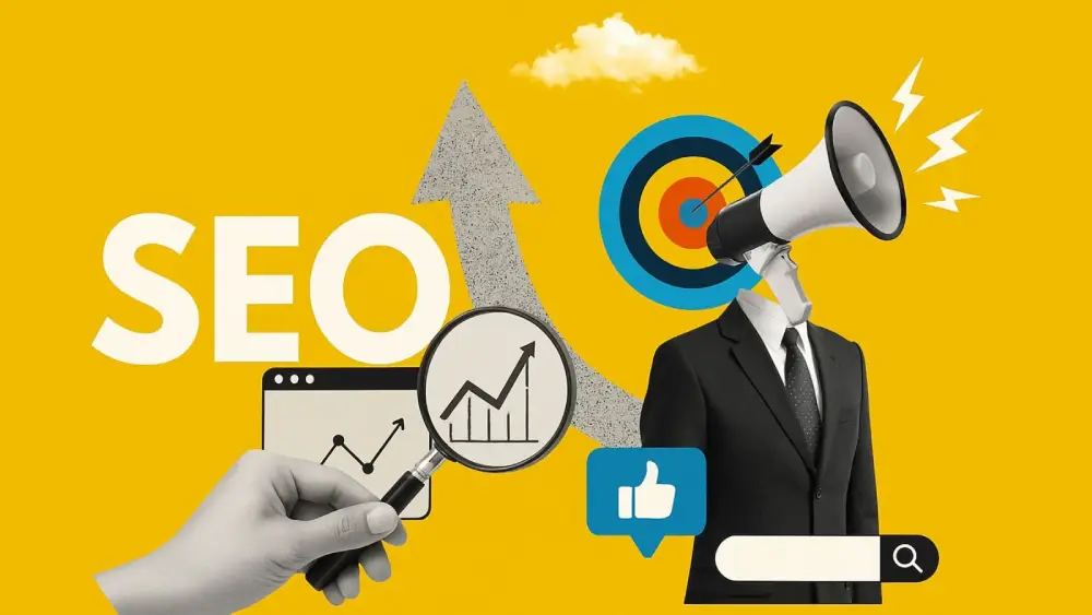 SEO marketing illustration showing growth analytics, megaphone, target, and engagement metrics on yellow background