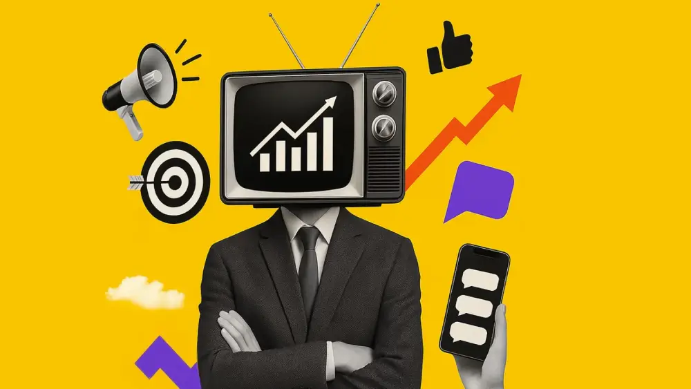 Digital marketing professional with TV head showing growth chart, megaphone, target, thumbs up, and mobile messaging icons on yellow background