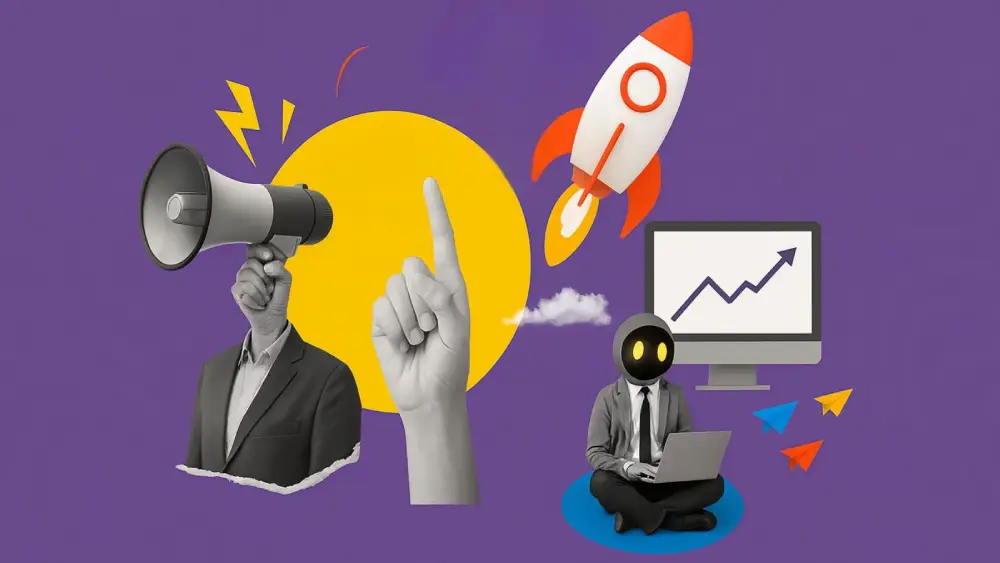 Digital marketing strategy illustration showing megaphone, rocket, growth chart, and business professionals on purple background