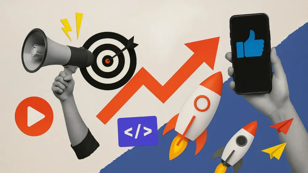 Digital marketing strategy illustration with megaphone, target, growth arrow, rocket, thumbs up, and code symbols