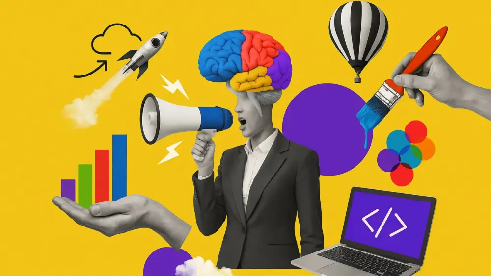 Digital marketing professional with megaphone, brain, rocket, charts, laptop, and creative design elements representing digital marketing services