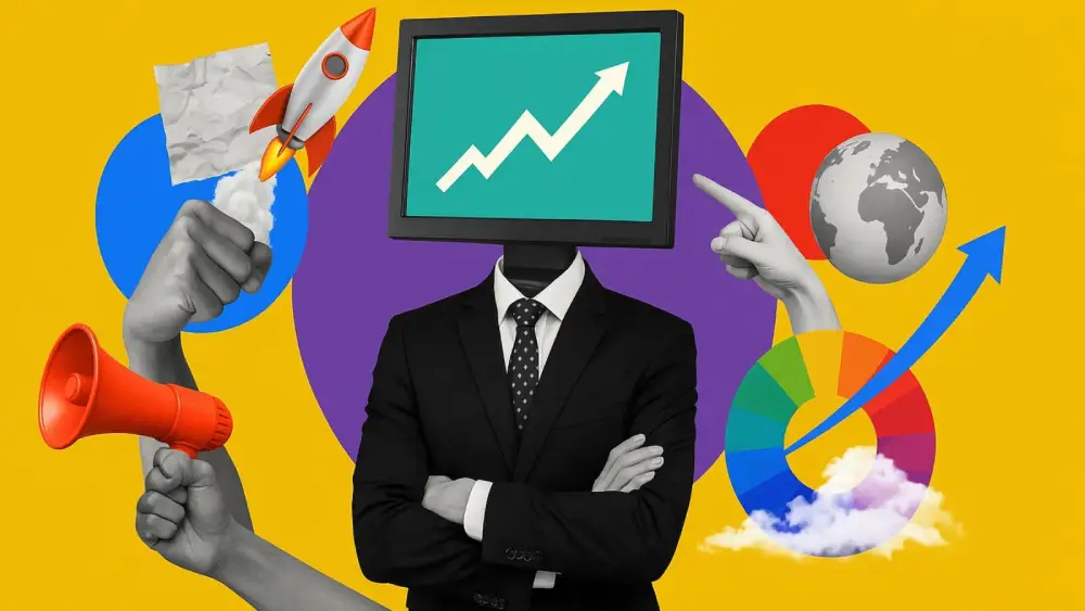 Digital marketing professional with growth chart, rocket, megaphone, and globe representing business expansion and digital strategy
