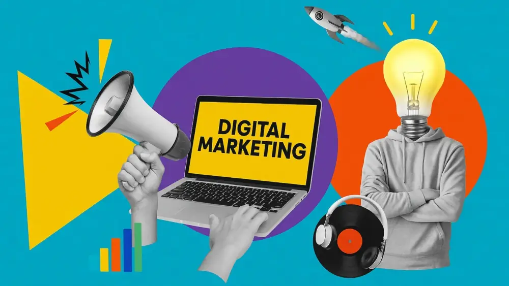 Digital marketing concept illustration with megaphone, laptop, lightbulb, headphones, and rocket icons on turquoise background