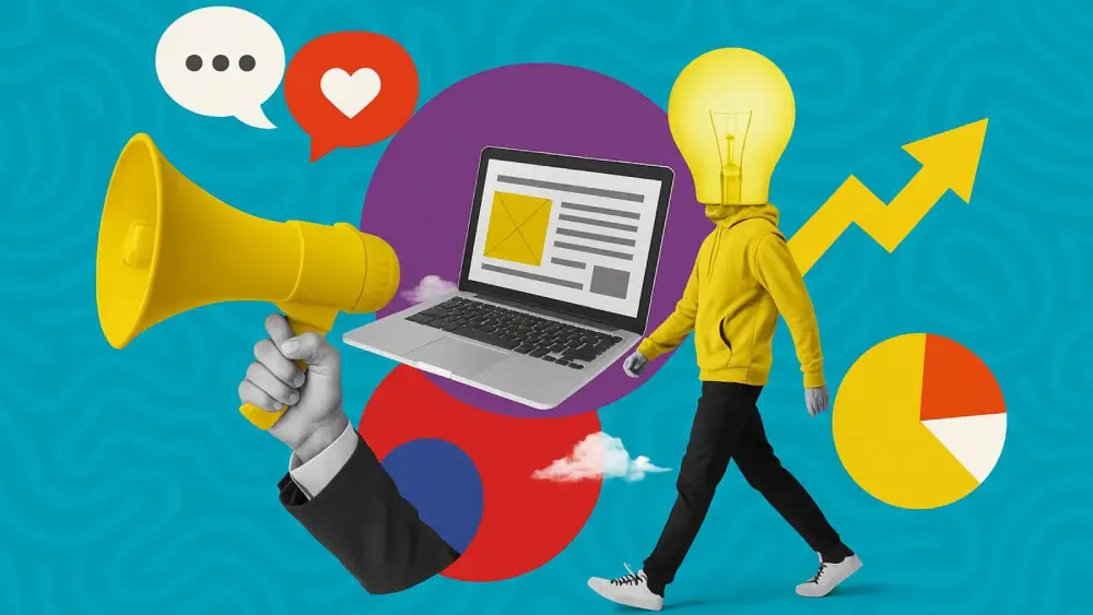 Digital marketing strategy illustration with laptop, megaphone, light bulb, growth arrow, and analytics icons representing online marketing services