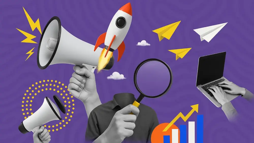 Digital marketing strategy illustration with megaphone, rocket, magnifying glass, laptop, charts and paper planes on purple background