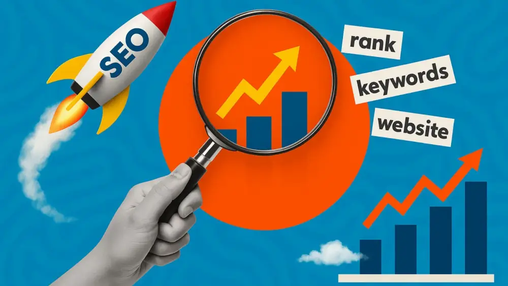 SEO rocket, magnifying glass showing ranking growth chart, keywords and website labels on blue background