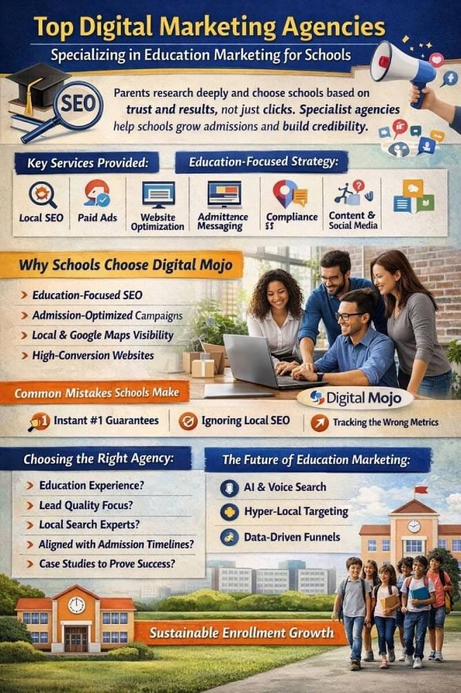 Top digital marketing agencies specializing in education marketing for schools - Digital Mojo services infographic
